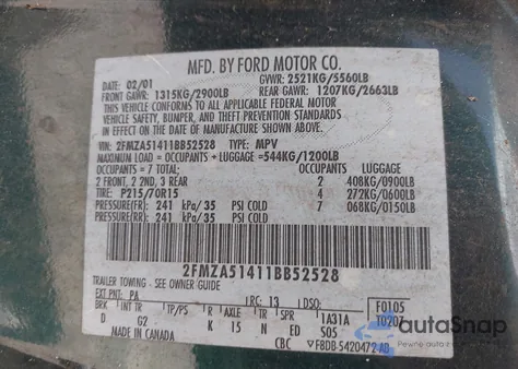 2001 Ford Windstar Lx from USA, damaged, VIN 2FMZA51411BB52528